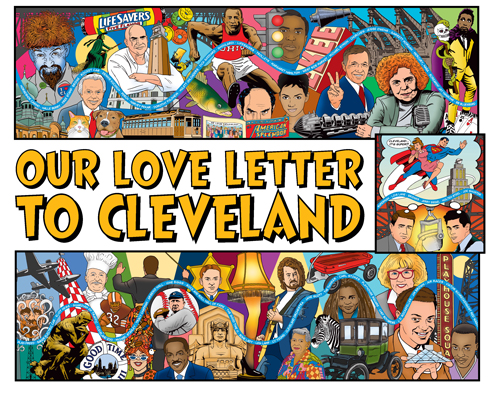 This 'Love Letter' To CLEveland mural is Gary and Laura Dumm’s depiction of famous people, places and things that shaped Cleveland. Read more here. (Mural by Gary and Laura Dumm)