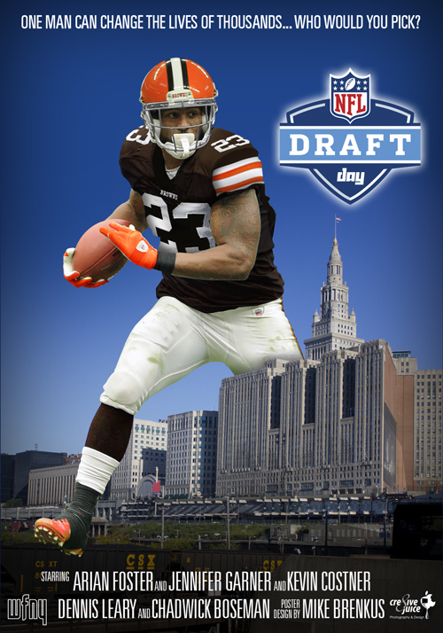 Poster promoting the 'Draft Day' movie - a fictional tale about the Cleveland Browns wheeling and dealing for a top pick on the day of the 2014 NFL draft. (Poster Design: Mike Brenkus)