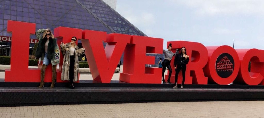 TV reality stars Kim, Khloe and Kourtney Kardashian and friends pose in front of the Rock and Roll Hall of Fame on a recent visit to Cleveland. "Keeping Up with the Kardashians" star, Khloe Kardashian, has been seen at Cleveland Cavaliers games and around town since she started dating Cavaliers center Tristan Thompson at the beginning of the season. (Photo: Kim Kardashian | Snapchat)